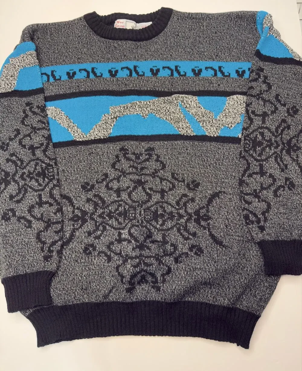 Vintage 90s Nino Foriero Mens Knit Sweater Gray Blue Abstract Ski Pullover